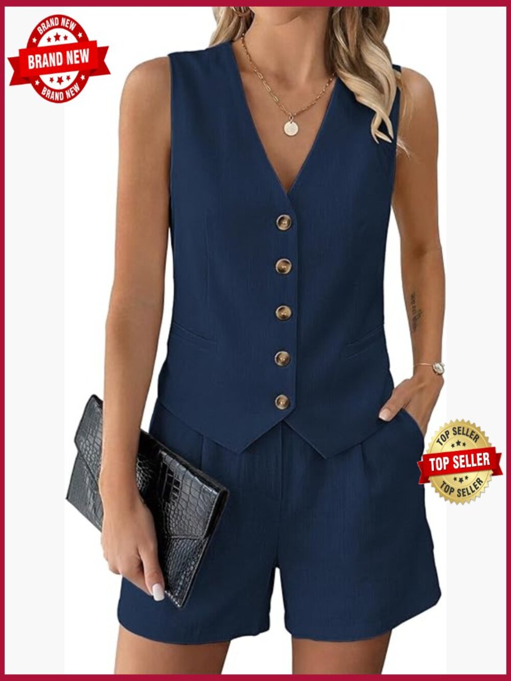 Womens 2 Piece Short Sets Button Down Vest Top and Shorts with Pockets Matching